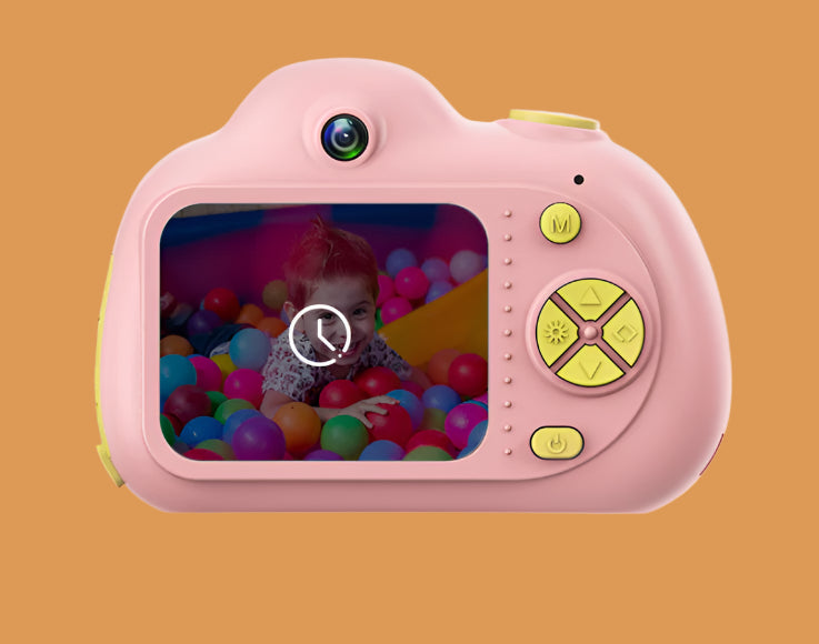 Pink toy camera with screen displaying a child playing with colorful balls.