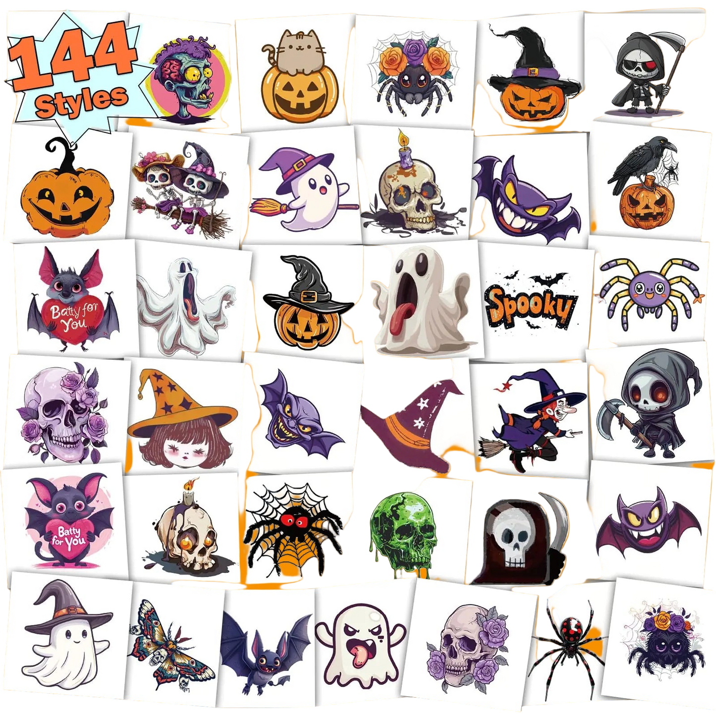Collection of Halloween-themed temporary tattoos with various designs on a white background.