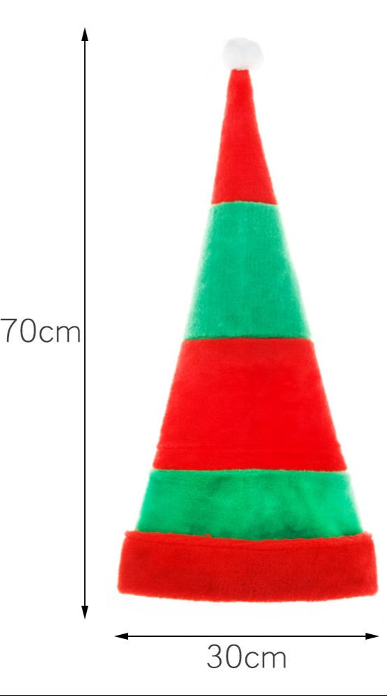 Red and green striped cone-shaped hat with measurements on a white background