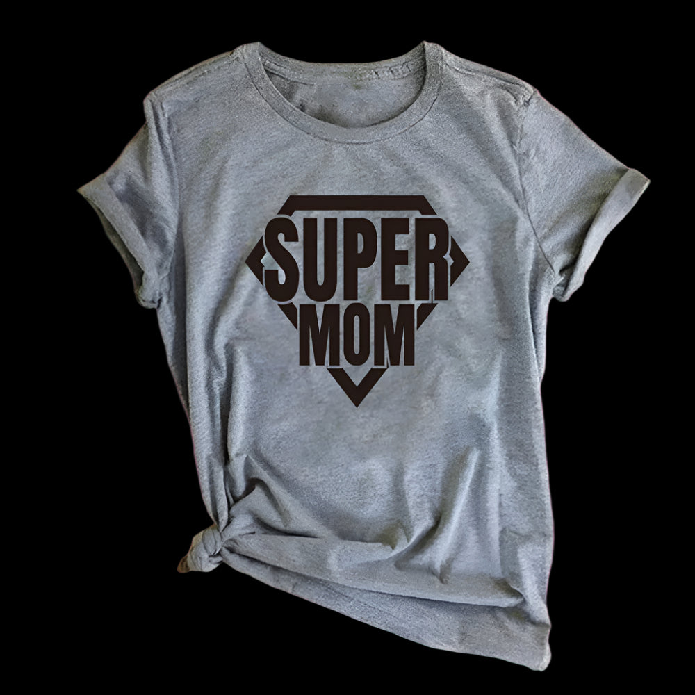Gray t-shirt with 'Super Mom' print on a light background