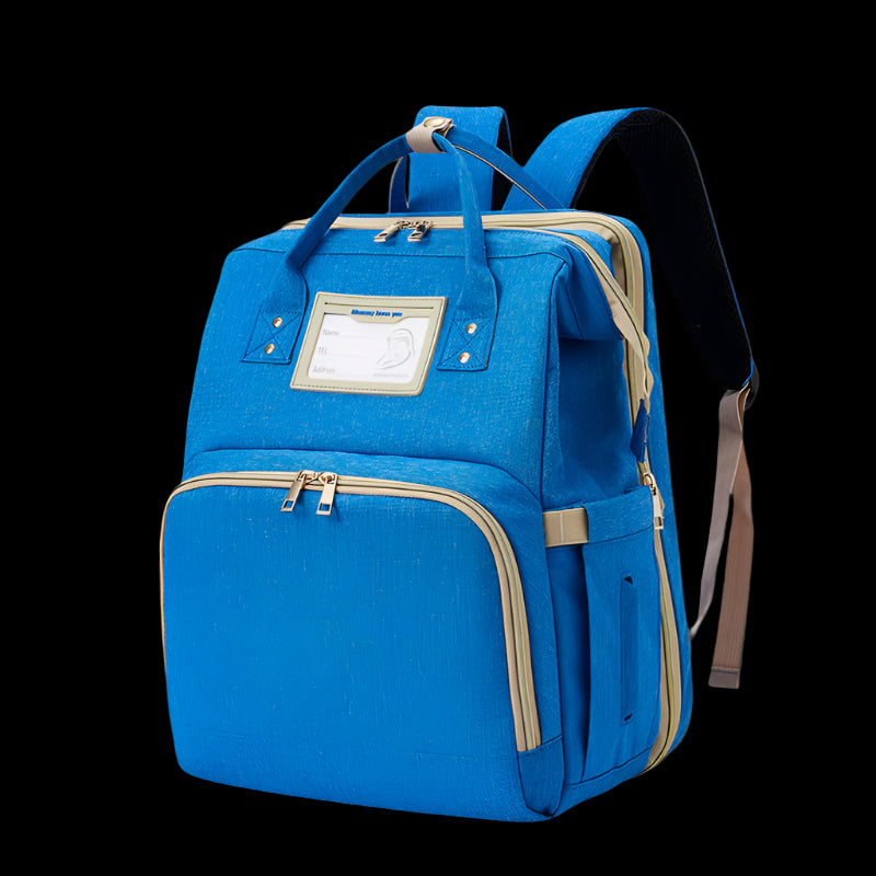 Blue backpack with beige accents on a white background