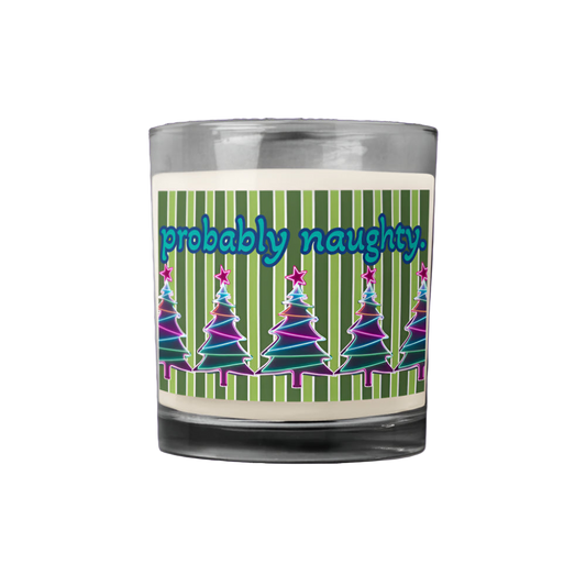 Candle with a label featuring Christmas trees and the text 'probably naughty' on a white background.