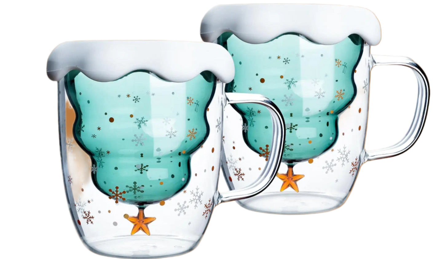 Two glass mugs with snowflake design and a matching Christmas-themed box on a white background.