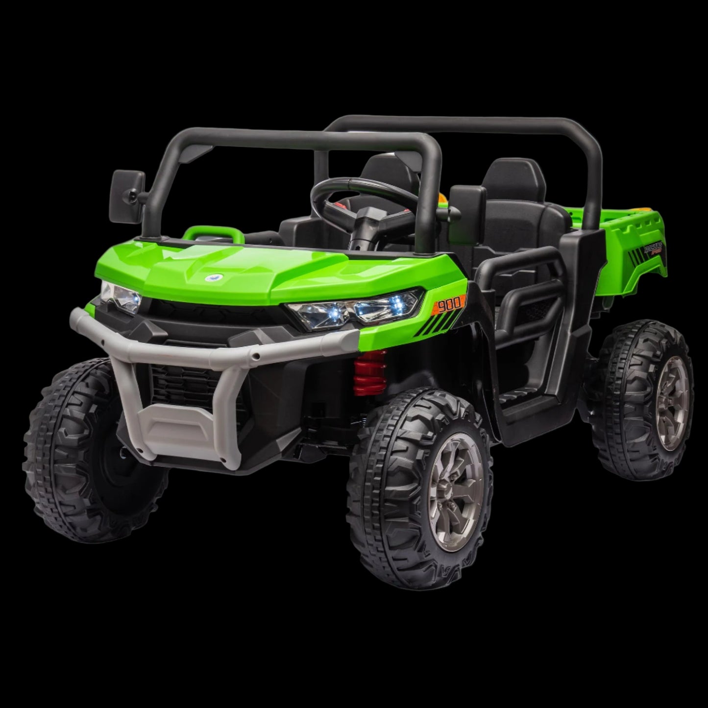 Green off-road vehicle with black accents on a white background