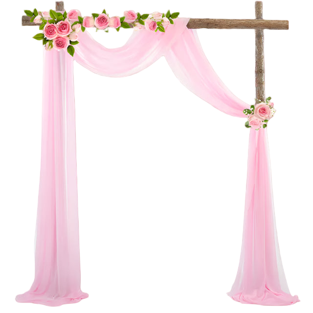 Decorative arch with pink fabric and floral arrangements on a white background