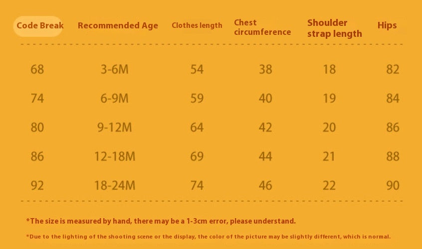 Size chart for children's clothing with measurements on a yellow background