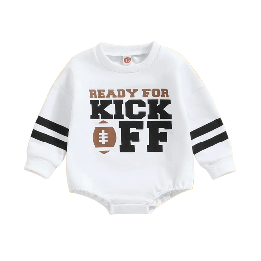 White baby romper with 'Ready for Kick Off' text and football graphic on a white background