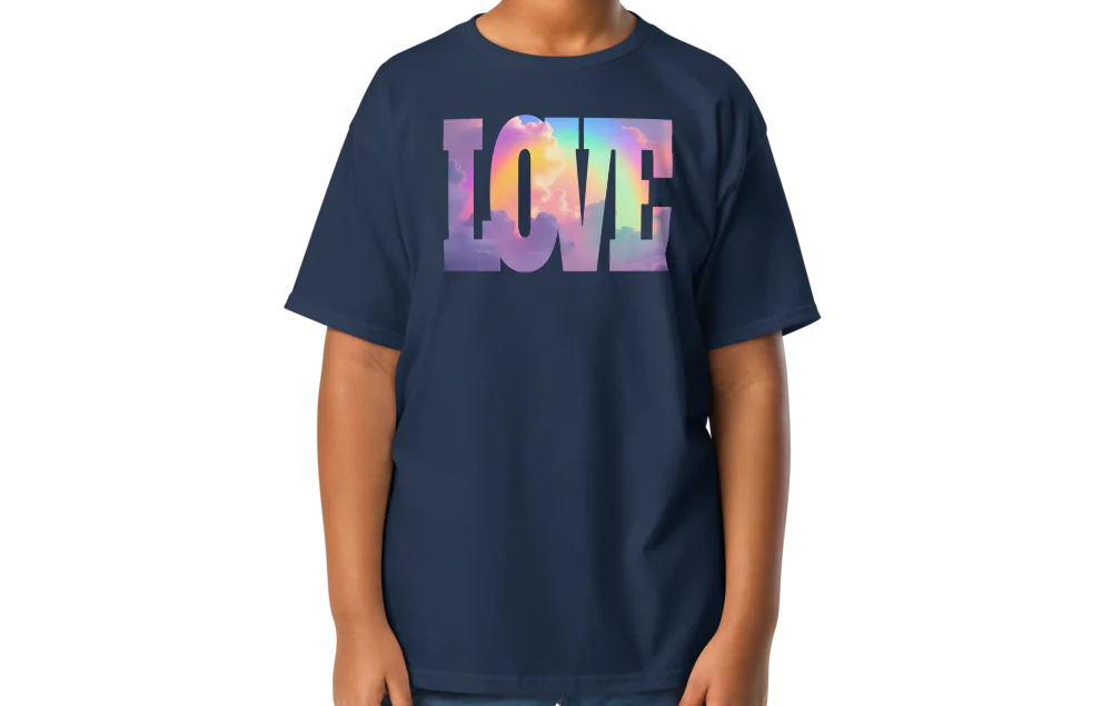 Child wearing a navy blue t-shirt with 'LOVE' in colorful letters on a white background