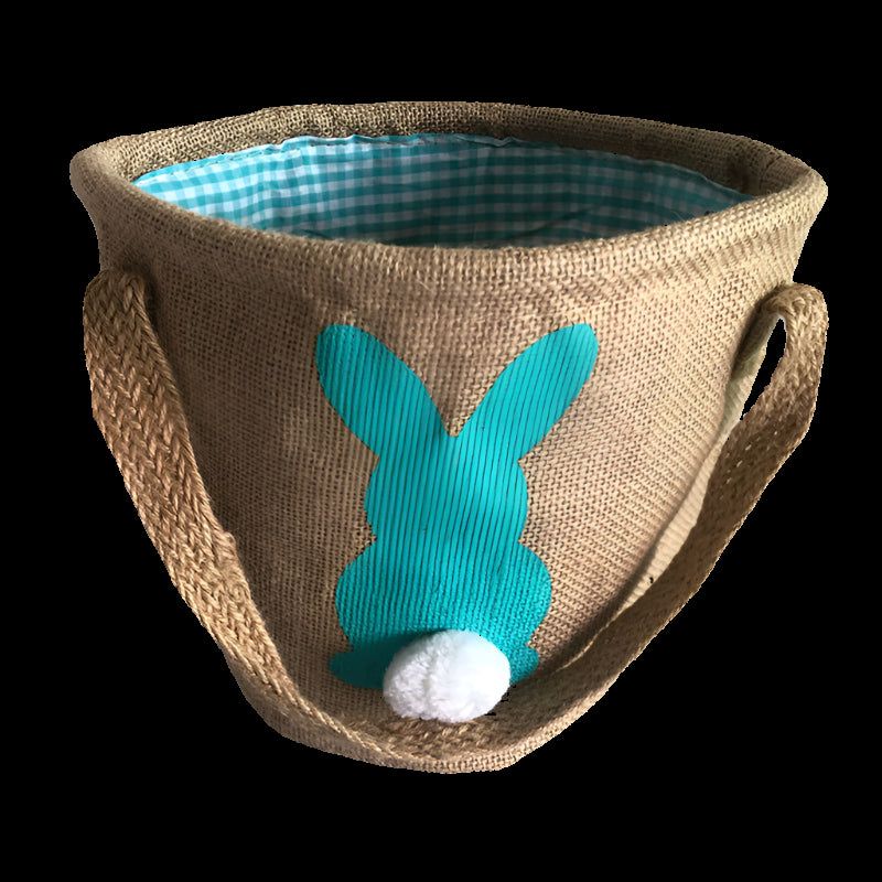 Burlap basket with teal bunny design on a white background