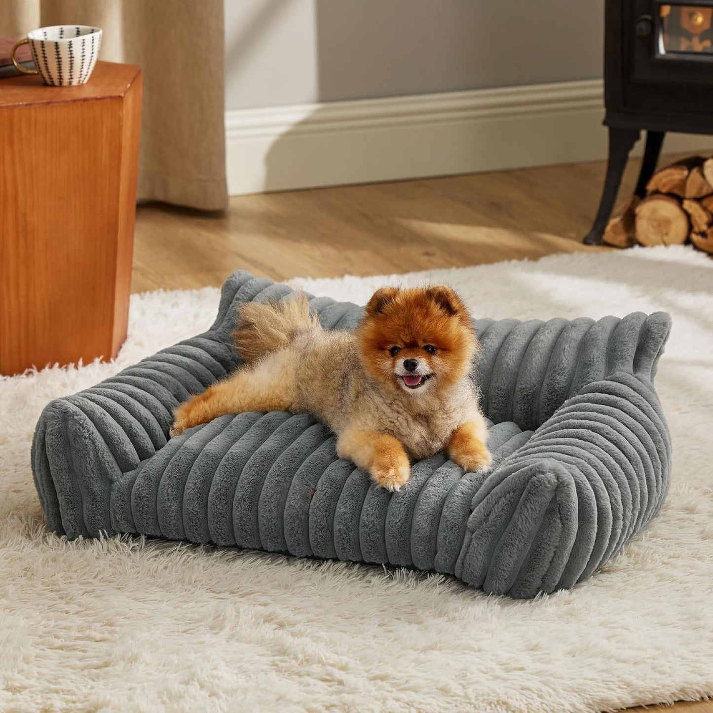 Small dog lying on a gray pet bed in a cozy living room.