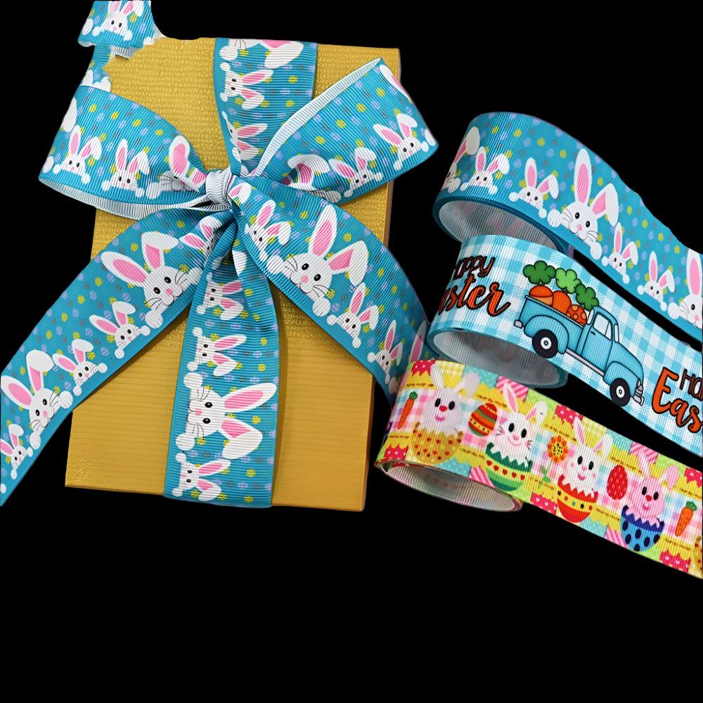 Easter-themed ribbons with bunny designs on a magazine background