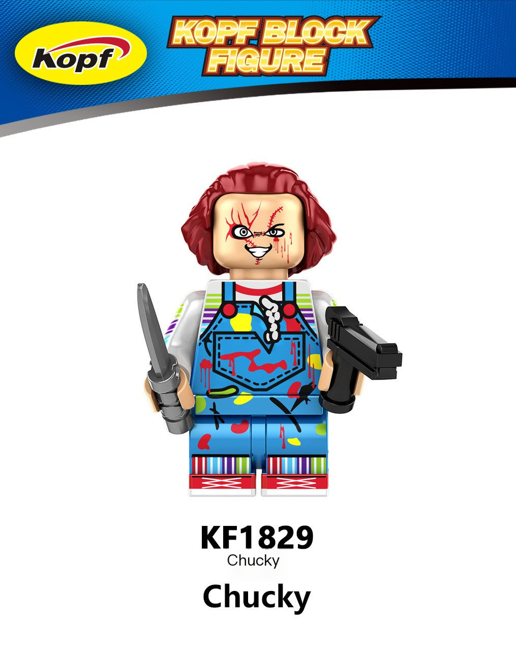 Kopf Block Figure Chucky toy figure with a blue apron and weapons on a white background.