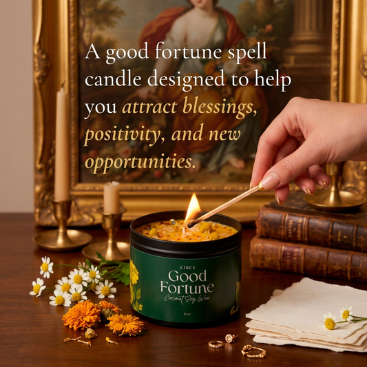 Candle labeled 'Good Fortune' being lit with decorative elements and text about its benefits.