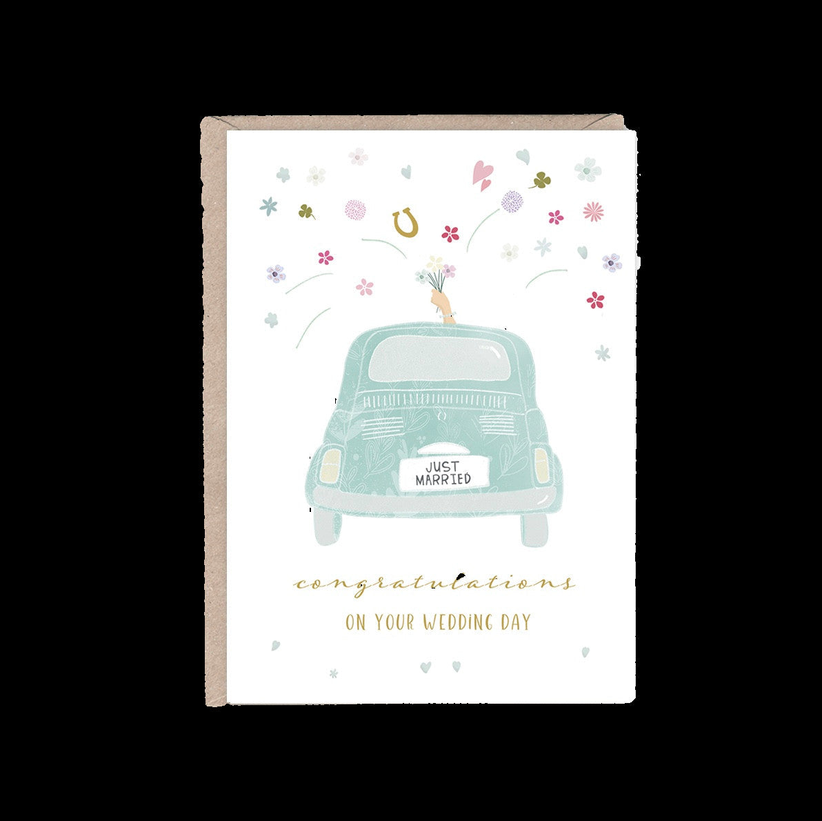 Wedding card with a blue car and 'Just Married' sign on a white background