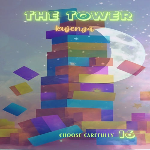 Colorful tower blocks with 'The Tower' and 'kujenga' text against a starry night sky.