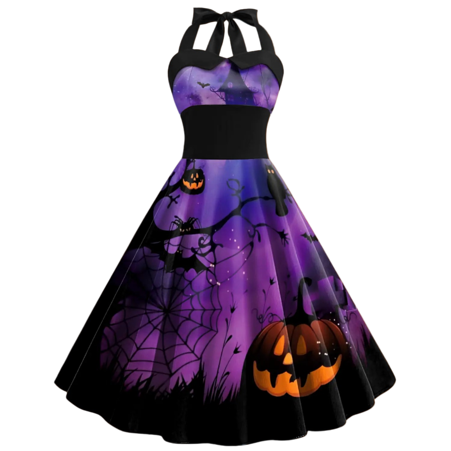 Halloween-themed dress with pumpkins and spider webs on a white background