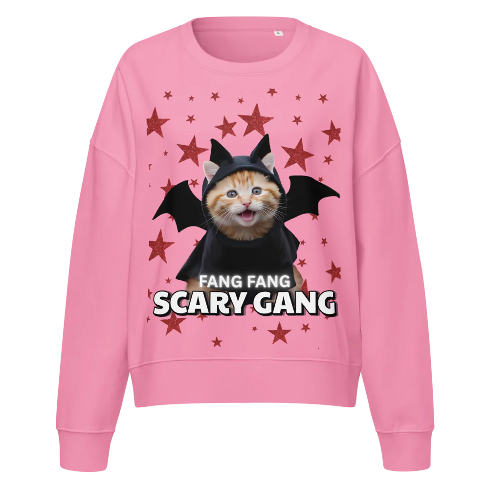 Pink sweatshirt with a cat in a bat costume and 'Fang Fang Scary Gang' text on a white background