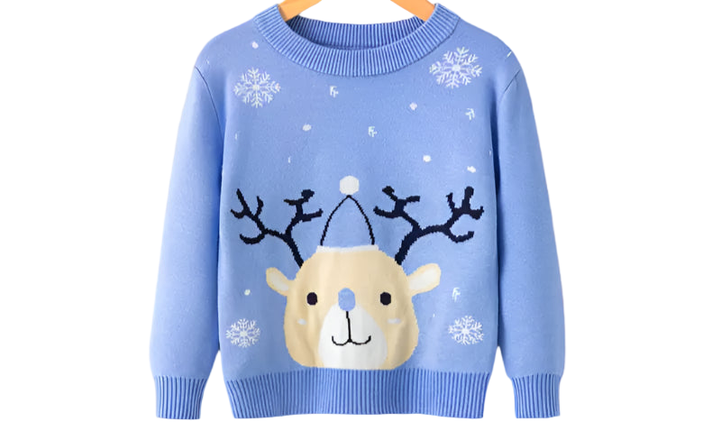 Blue sweater with reindeer design on a hanger against a white background