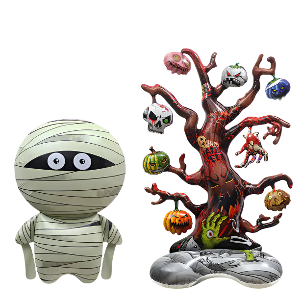Halloween-themed mummy figurine and tree decoration on a white background