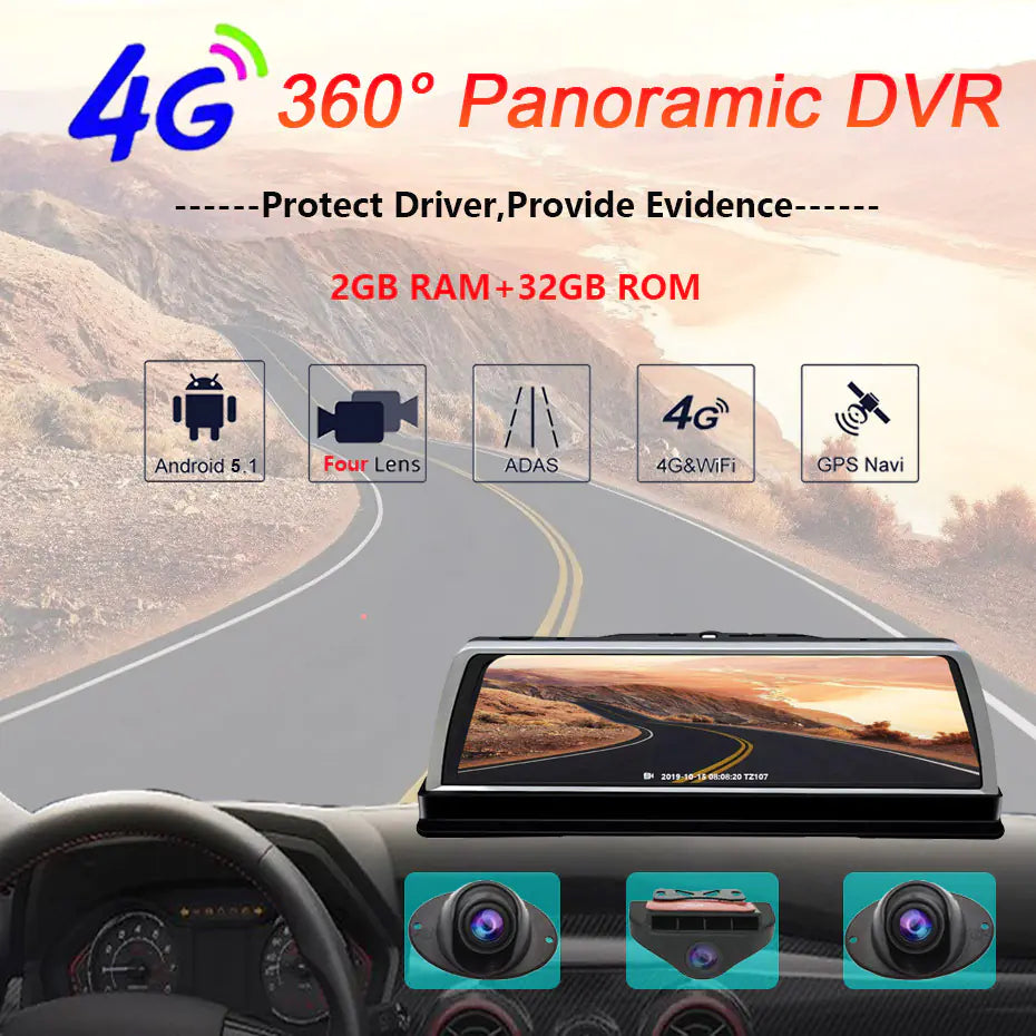 Car dashboard with 4G 360° Panoramic DVR displaying a scenic road.