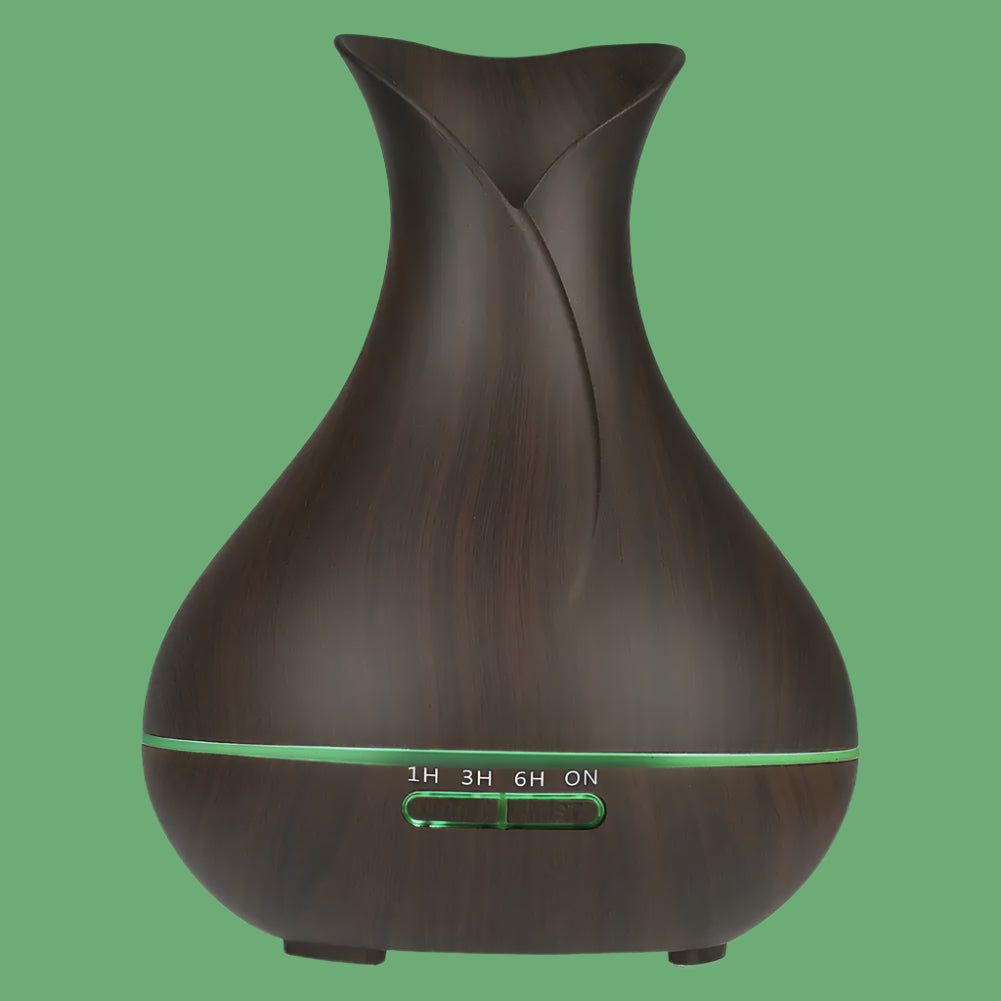 Wooden-textured diffuser with green LED display on a white background