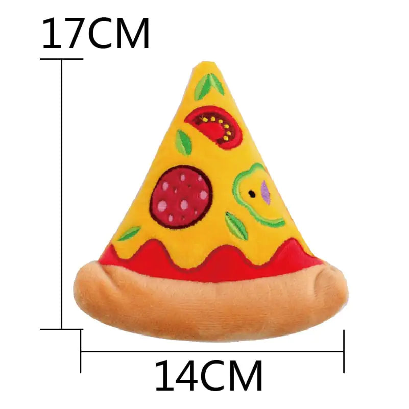 Plush toy shaped like a pizza slice with measurements on a white background