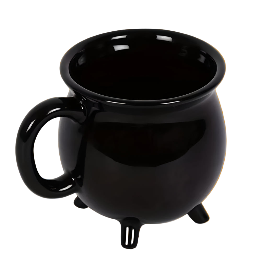 Black mug with a handle and three small legs on a white background