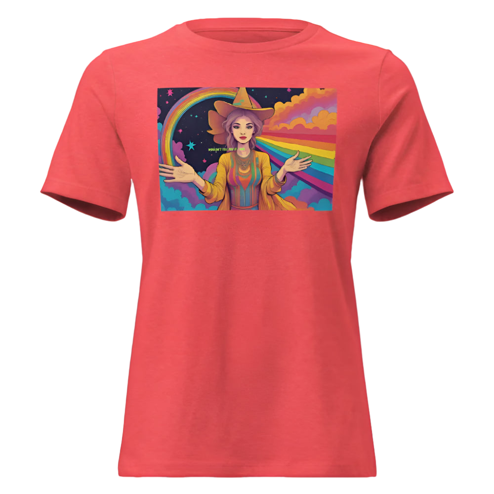Red t-shirt with a colorful graphic of a witch and rainbow on a white background