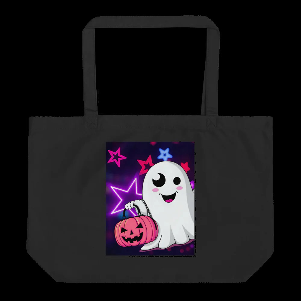 Black tote bag with a ghost holding a pumpkin and stars design on a white background