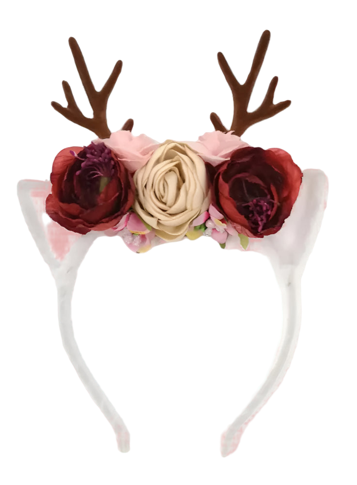 Headband with floral design and deer antlers on a white background