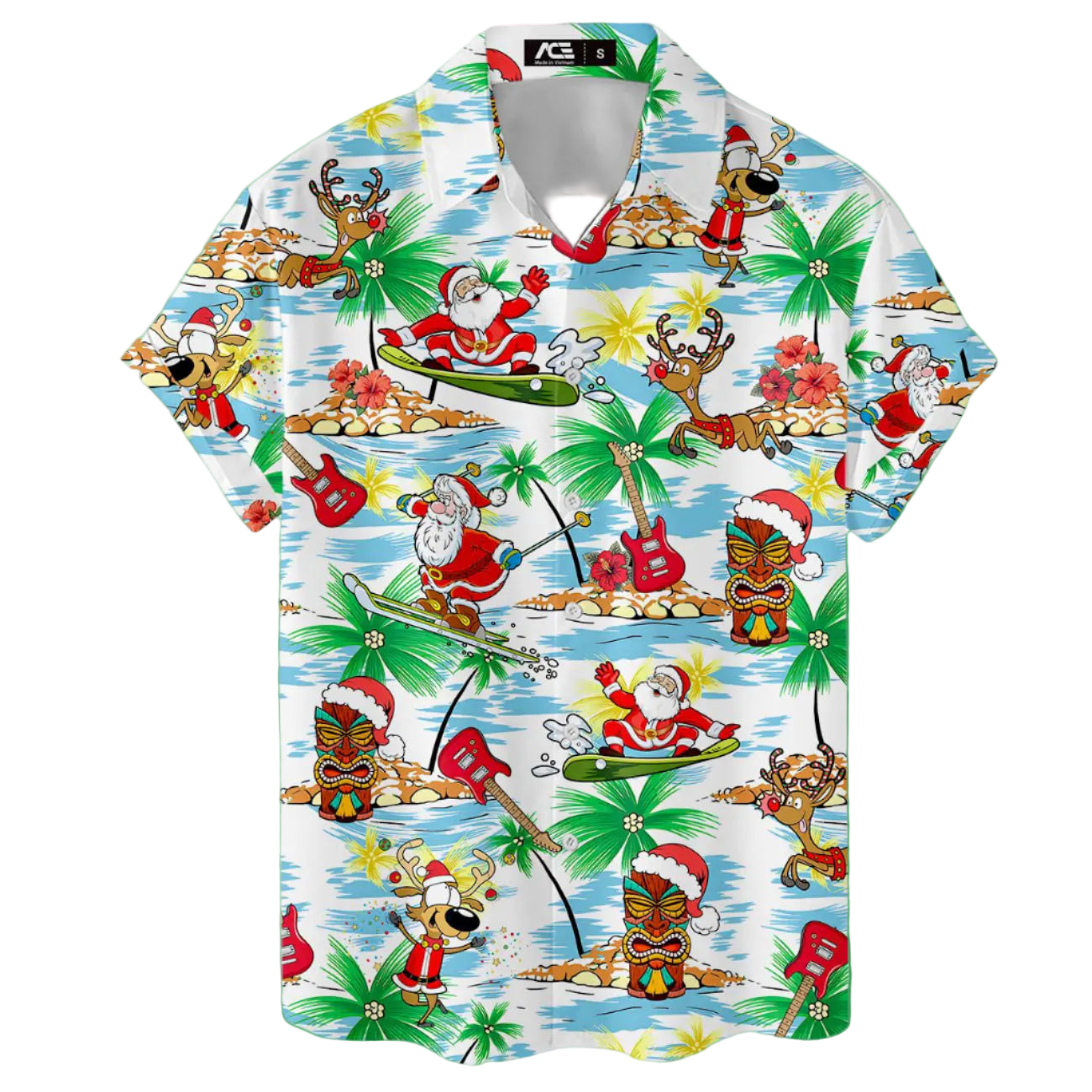 Hawaiian shirt with Christmas-themed design featuring Santa Claus, reindeer, and tropical elements on a white background.