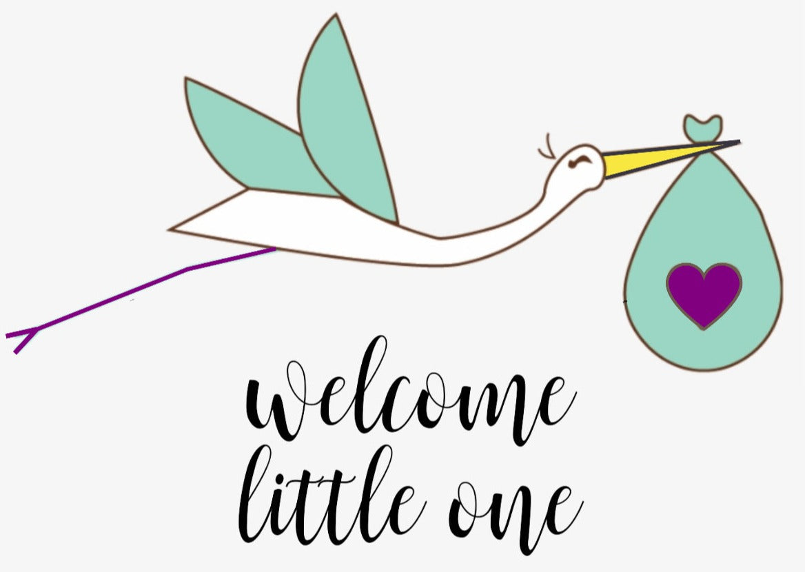 Stork carrying a baby in a green bag with a purple heart, accompanied by the text 'welcome little one' on a white background.