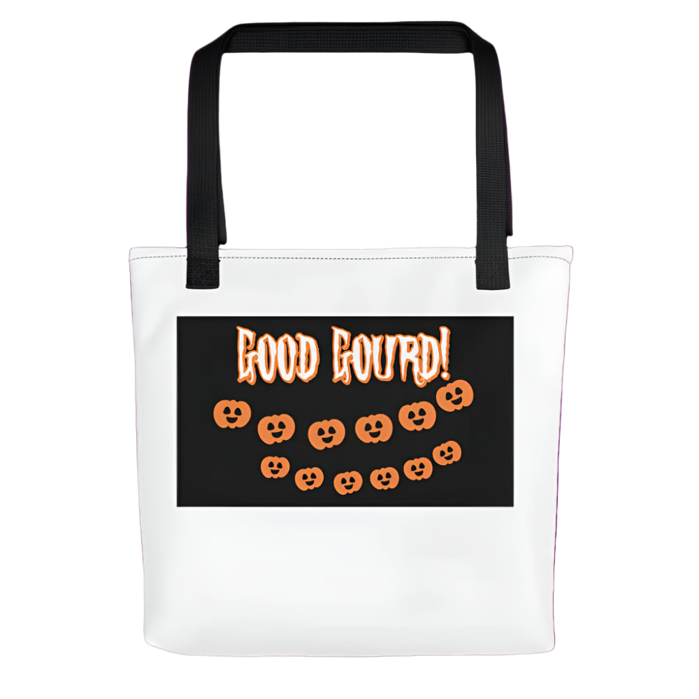White tote bag with black handle and Halloween-themed design featuring pumpkins and text on a white background.