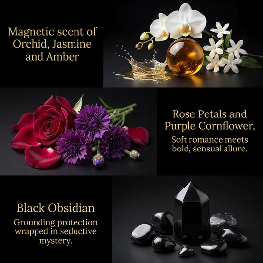 Collage of floral and crystal imagery with descriptive text on a dark background