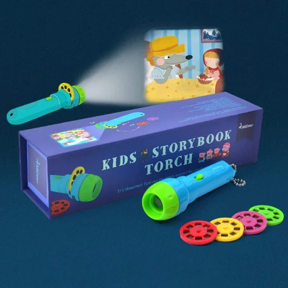 Children's storybook torch with colorful reels and packaging on a dark background