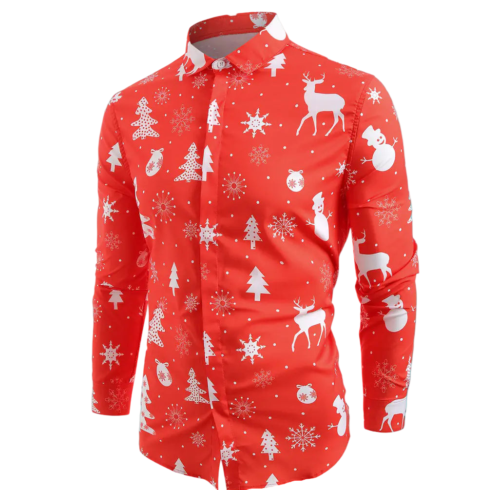 Red shirt with white Christmas-themed patterns on a white background