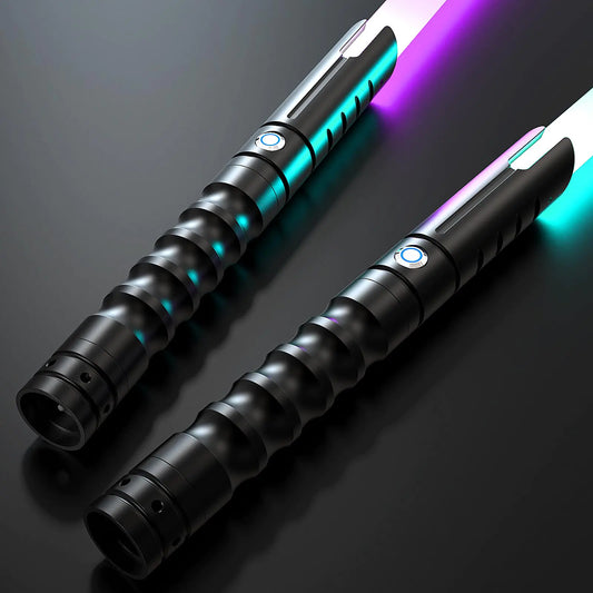 Two lightsabers with a dark background