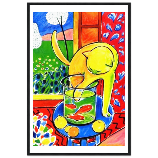 Colorful abstract painting of a cat with fish in a glass, framed artwork.