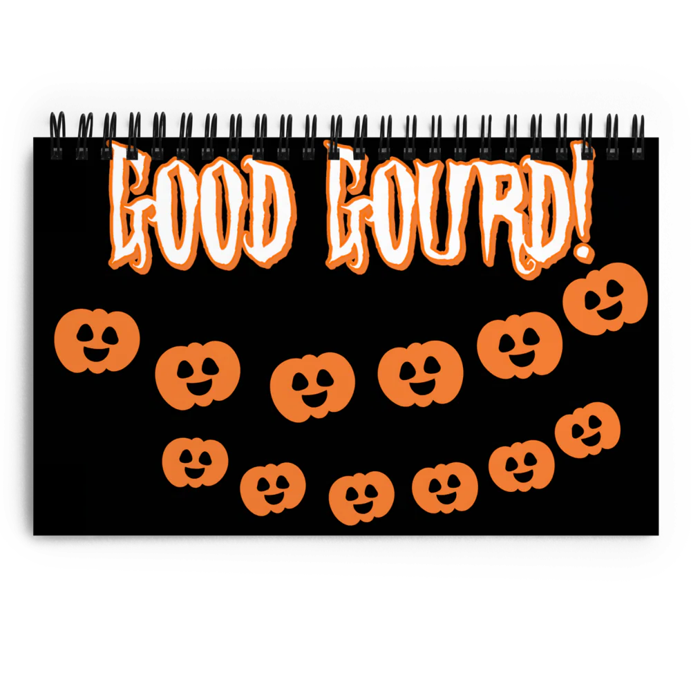 Notebook with orange skulls and 'Good Sound!' text on a black background