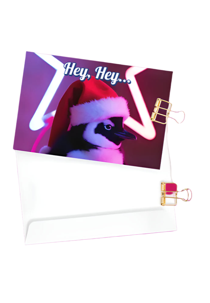 Greeting card with a cat wearing a Santa hat and text 'Hey! Hey!' on a white background.