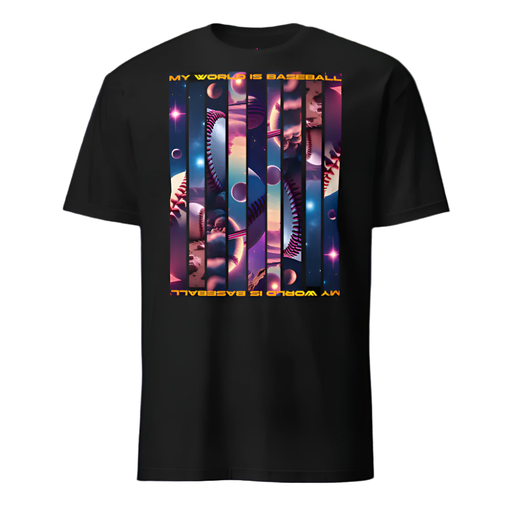 Black t-shirt with colorful design and text 'My World is Baseball' on a white background