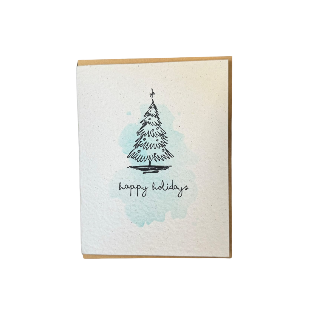 Greeting card with a Christmas tree illustration and 'happy holidays' text on a watercolor background.