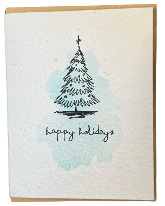 Greeting card with a Christmas tree illustration and 'happy holidays' text on a watercolor background.