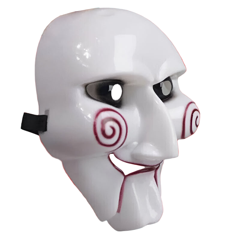 White mask with red spiral design on a gray background