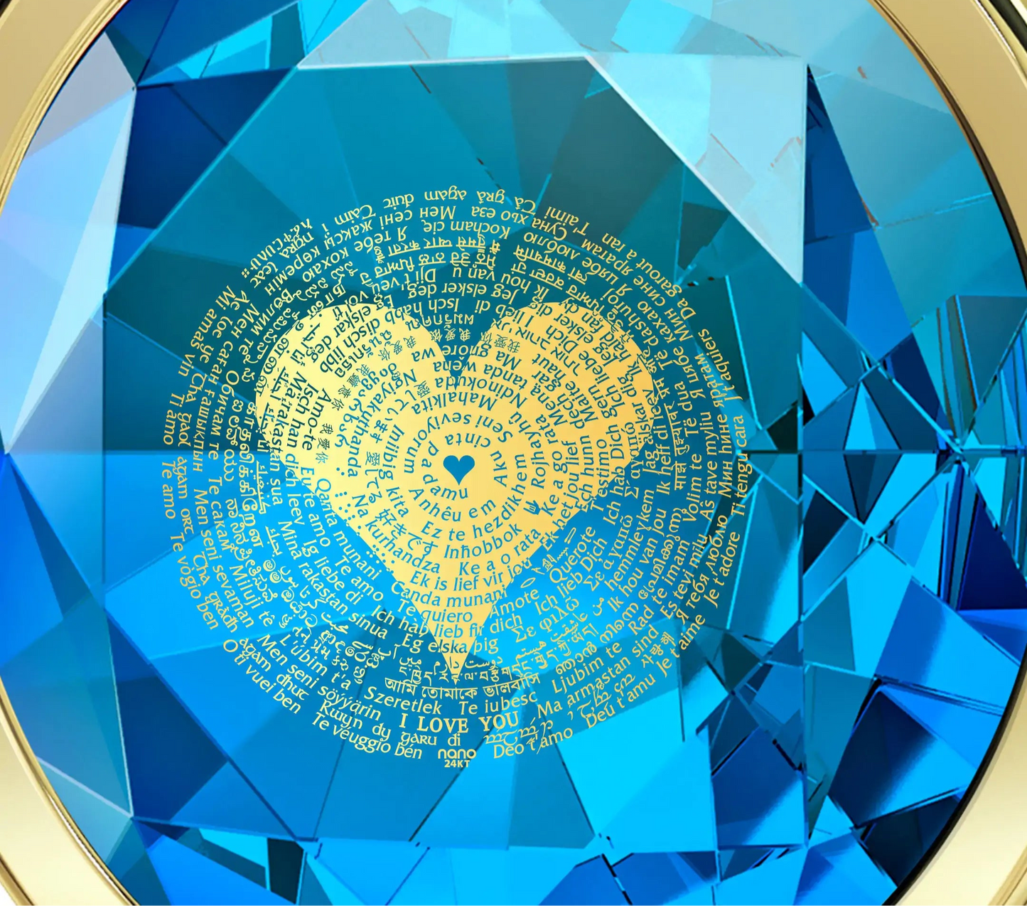 Blue crystal with gold heart design and engraved text, surrounded by a gold frame.