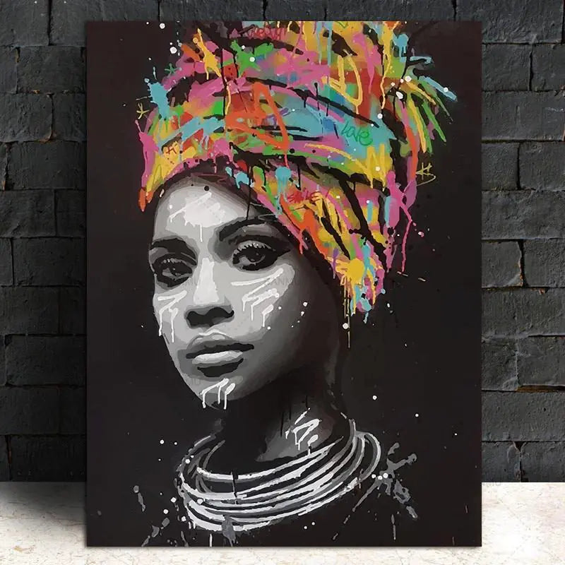 Artistic depiction of a woman with a colorful headscarf against a black background