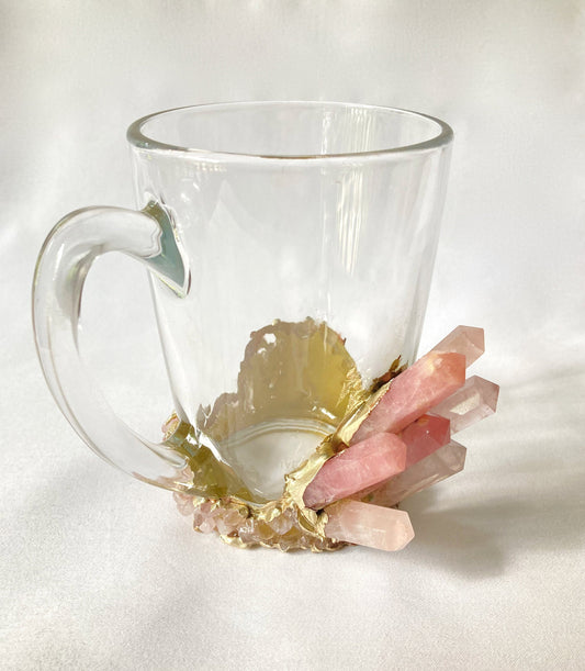 Set of 2 Rose Quartz Crystal Mugs | Gold Plated Glass Coffee/Tea/Juice Mugs with Semi-precious Agate | 11 oz/320 ml