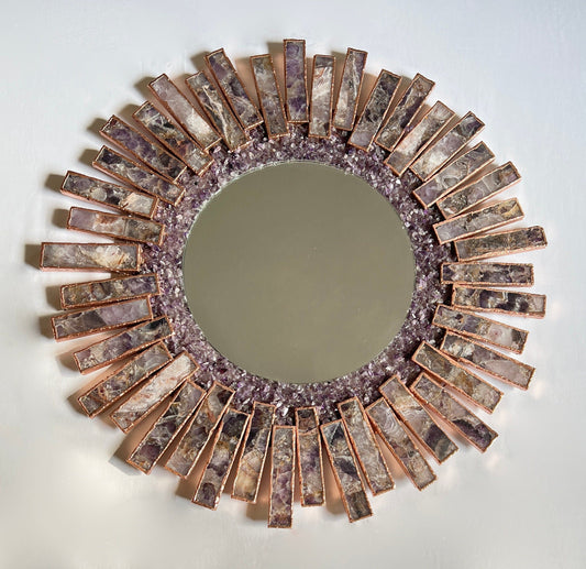 Starburst Handmade 20" Round Rose Gold Amethyst Mirror with Amethyst Crystal Gemstones