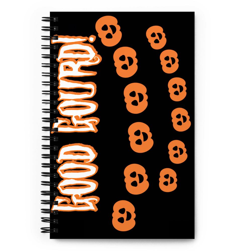 Notebook with orange skulls and 'Good Sound!' text on a black background