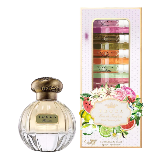 Tocca perfume bottle with packaging on a white background